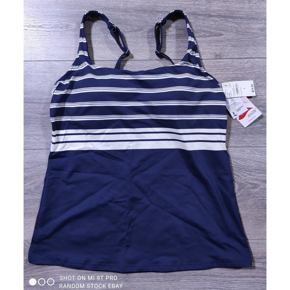 Lands End Tankini Adult Size 8 Blue Beige Striped Squareneck Swimwear Women
